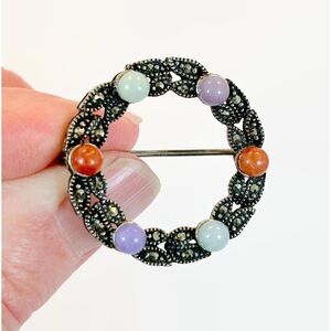 Vintage Brooch, Sterling Silver, Jade, Marcasite, Green, Black, Lavender
